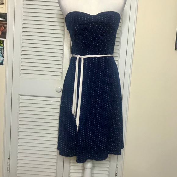 Vintage Dresses & Skirts - Vintage Strapless Navy Dress w/ White Polka Dots